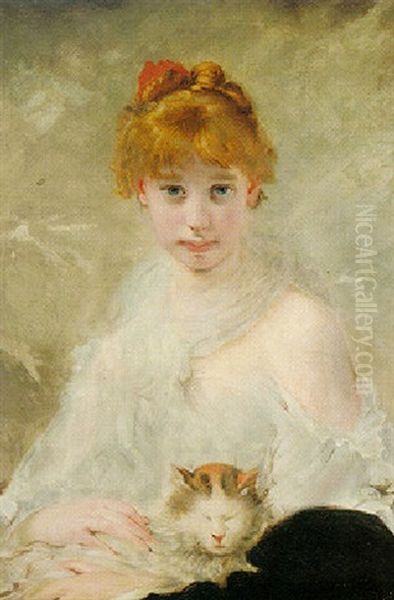 Jeune Fille Au Chat Oil Painting by Charles Joshua Chaplin