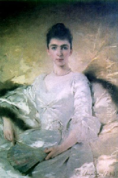 An Elegant Lady Holding A Fan Oil Painting by Charles Joshua Chaplin