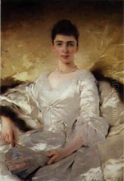 Portrait Of An Elegant Lady, Wearing A White Satin Dress Oil Painting by Charles Joshua Chaplin