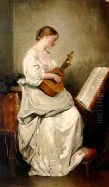 A Woman Playing A Guitar Oil Painting by Charles Joshua Chaplin