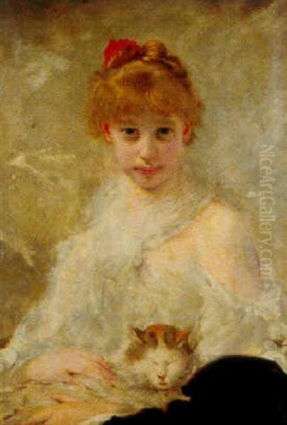 Jeune Fille Au Chat Oil Painting by Charles Joshua Chaplin