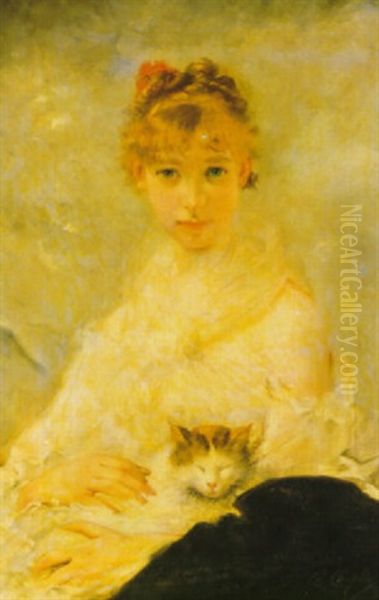 Jeune Fille Caressant Un Chat Oil Painting by Charles Joshua Chaplin