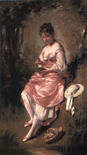 A Young Lady Holding A Bird's Nest Oil Painting by Charles Joshua Chaplin