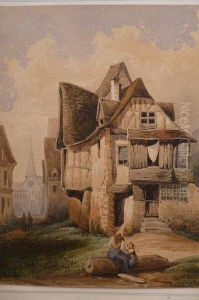 Maisons A Colombage Oil Painting by Gabriel Auguste Ancelet