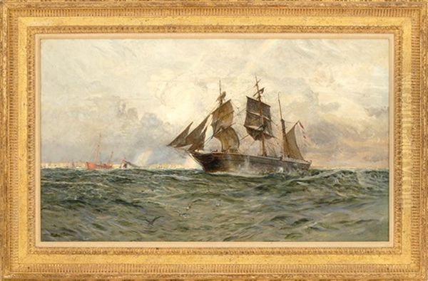 Ship Off The Coast With A Rainbow In The Background Oil Painting by Carlton Theodore Chapman