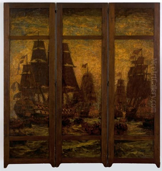 Folding Screen Depicting The Battle Of Trafalgar Oil Painting by Carlton Theodore Chapman