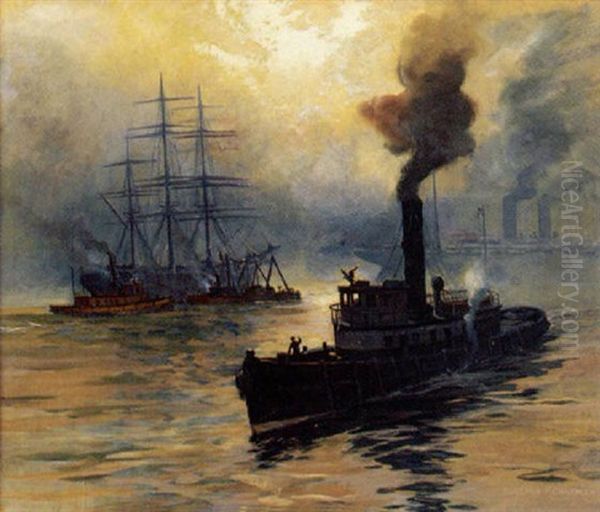 Tug Boats In A Busy Harbor Oil Painting by Carlton Theodore Chapman