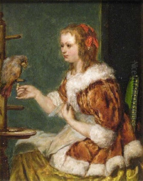 Metsu A Lady Playing A Lute; A Lady With A Parrot Oil Painting by Gabriel Auguste Ancelet