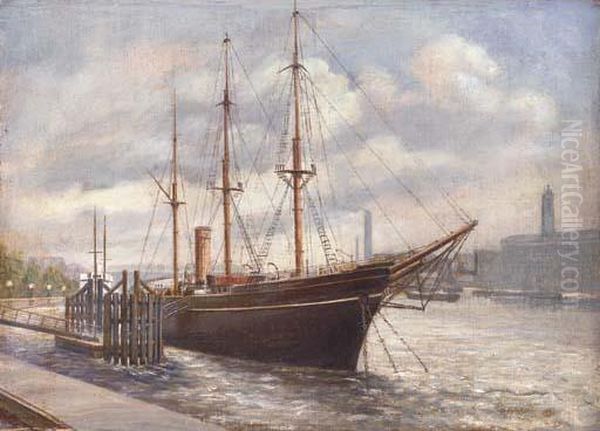 R.r.s. (national Antarctic Exploring Vessel) Discovery Moored Onthe Embankment Oil Painting by Gabriel Auguste Ancelet