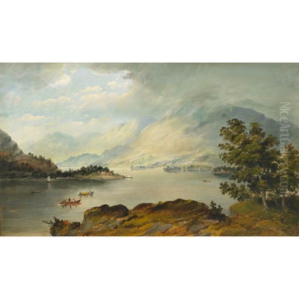 Extensive River View In A Mountainous Landscape With Figures In Boats Oil Painting by Conrad Wise Chapman