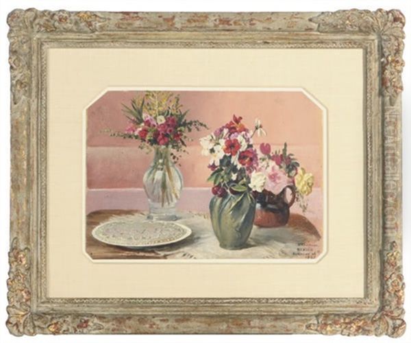 Still Life Of Flowers In Vases And A Pie Oil Painting by Conrad Wise Chapman