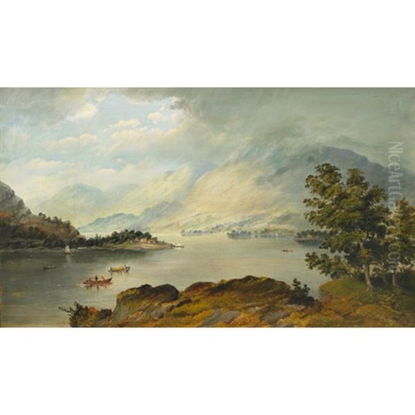 Extensive River View In A Mountainous Landscape With Figures In Boats Oil Painting by Conrad Wise Chapman