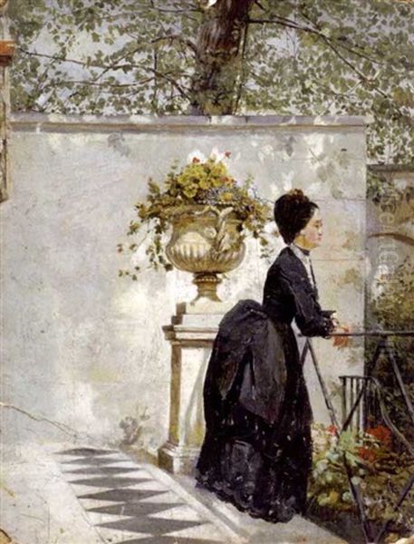 Woman In Black Dress Standing On A Balcony (+ Man Playing Croquet, Smaller; 2 Works) Oil Painting by Conrad Wise Chapman