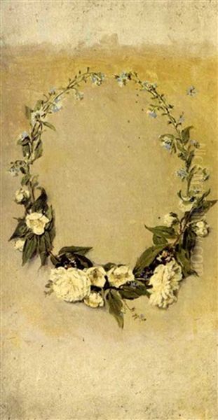 Wreath Of Yellow Roses On A Wall (+ Still-life Of A Flowering Branch, 1866, Oil On Canvas, Insc.; 2 Works) Oil Painting by Conrad Wise Chapman