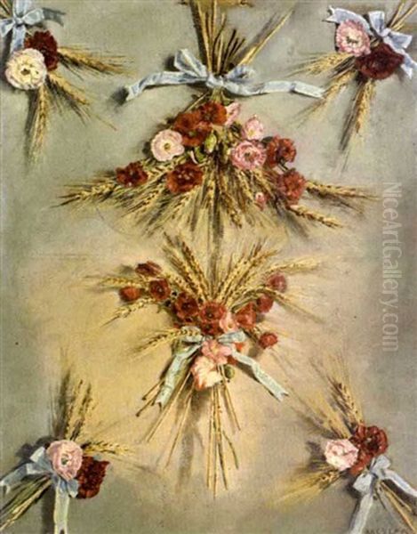 Still-life Of Bundles Of Wheat And Summer Flowers Tied With Blue Ribbons, Hanging On A Wall Oil Painting by Conrad Wise Chapman