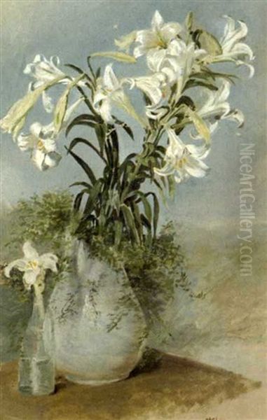 Still-life Of Lilies In A Vase With Single Stem In A Bottle Oil Painting by Conrad Wise Chapman