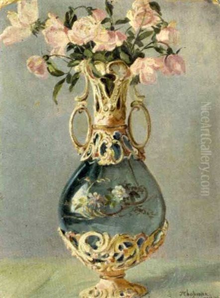 Still-life Of Pink Roses In An Ornate Vase  (+ 6 Sketches Of Same Vase; 7 Works) Oil Painting by Conrad Wise Chapman