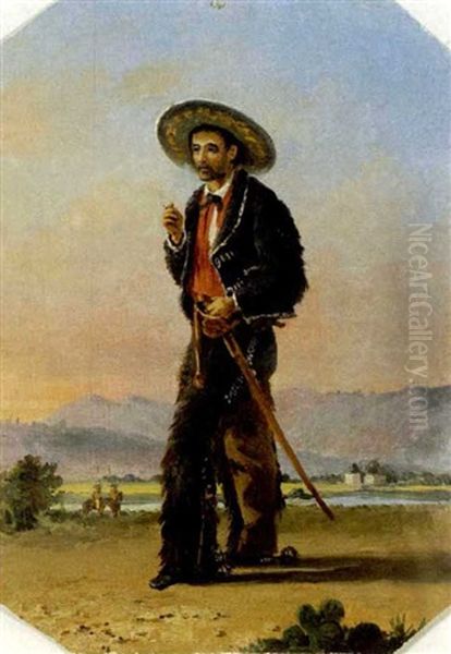 Mexican Cowboy Smoking A Cigarette In An Extensive Landscape Oil Painting by Conrad Wise Chapman