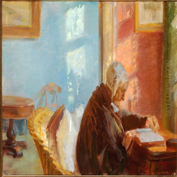 Fru Brondum I Den Bla Stue Oil Painting by Anna Ancher