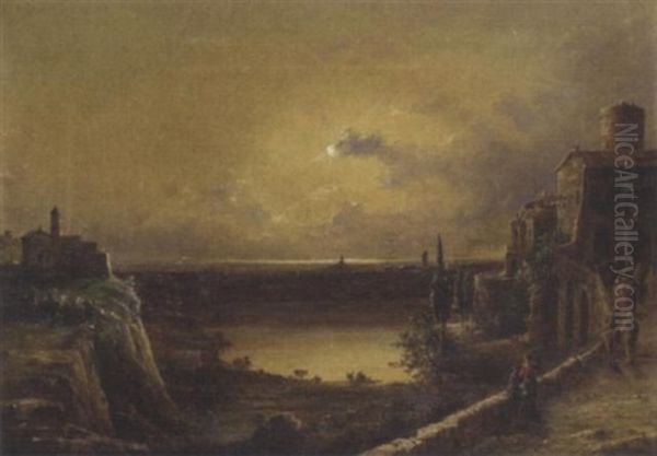 View Of Lake Nemi, Near Rome Oil Painting by John Linton Chapman