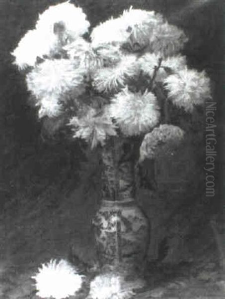 Still Life Of Geraniums Displayed In A Blue And White       Baluster Vase Oil Painting by Gregoire Chapoton