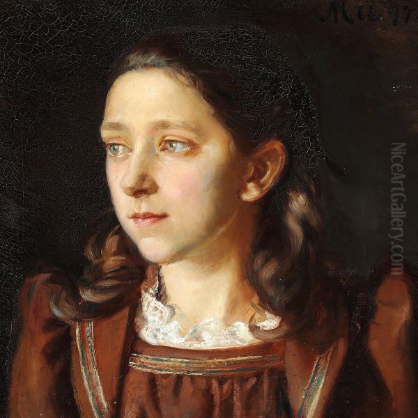 Portrait Of Ida Holst With Curly Brown Hair In A Brown Dress Oil Painting by Michael Ancher