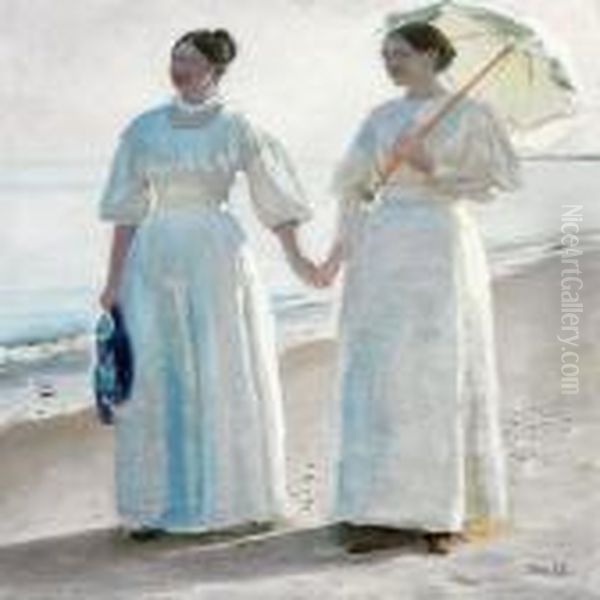 Minne And Sophie Holst In Light Summer Dresses On Skagen Beach Oil Painting by Michael Ancher