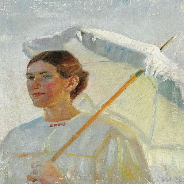 Portrait Of Minne Holst Holding A Parasol Oil Painting by Michael Ancher