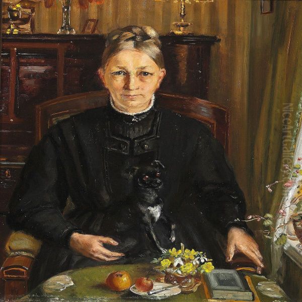 Interior With Woman In A Black Dress With A Dog Oil Painting by Michael Ancher