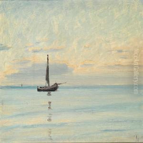 Seascape With Dinghy, Calm Sea Oil Painting by Michael Ancher