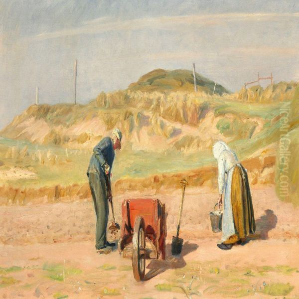 An Old Couple Collecting Potatoes Near The Dunes Oil Painting by Michael Ancher