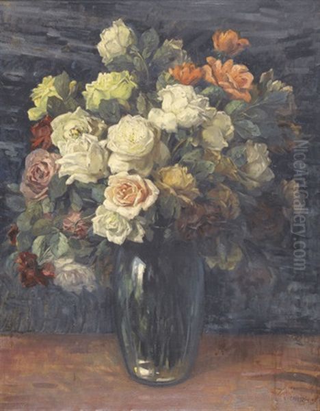 Uppiges Rosenstillleben In Glasvase Oil Painting by Edouard Chappel