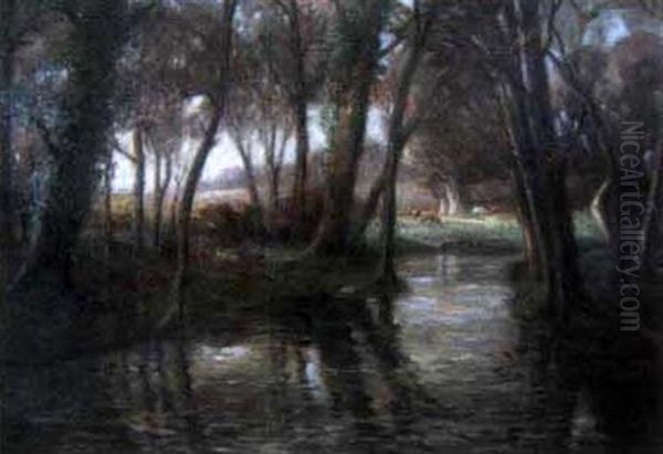 A Tree Lined River Scene With Cattle In The Distance Oil Painting by Edouard Chappel