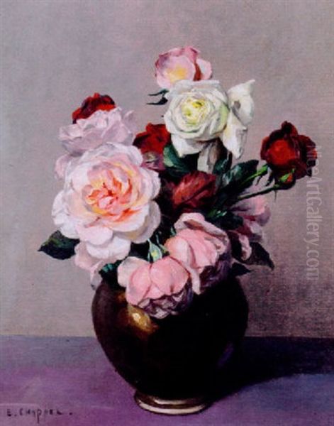 Still Life Of Roses In A Vase Oil Painting by Edouard Chappel