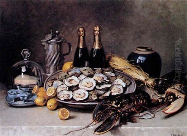 Still Life Of Oysters, Lobster And Champagne Oil Painting by Edouard Chappel