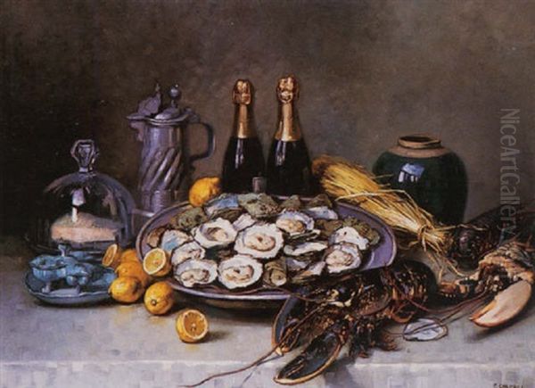 Still Life With Oysters, Lobster And Champagne Oil Painting by Edouard Chappel