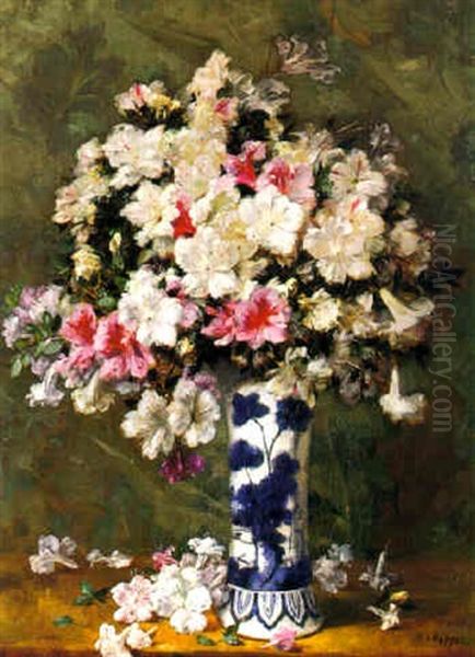 Still Life With Pink And Wite Azaleas In A Blue And White Vase Oil Painting by Edouard Chappel