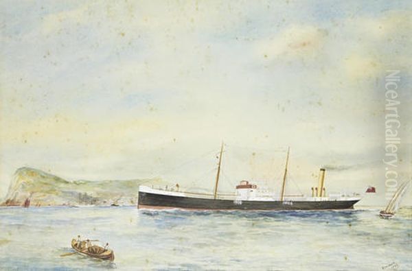 Two Ship Portraits: An Unidentified Coaster At Sea (+ The Coaster Unio In The Mediterranean, 1920, Watercolor, Smllr; 2 Works) Oil Painting by Reuben Chappell