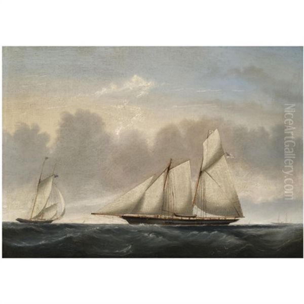 A Naval Schooner In Two Positions Oil Painting by Reuben Chappell