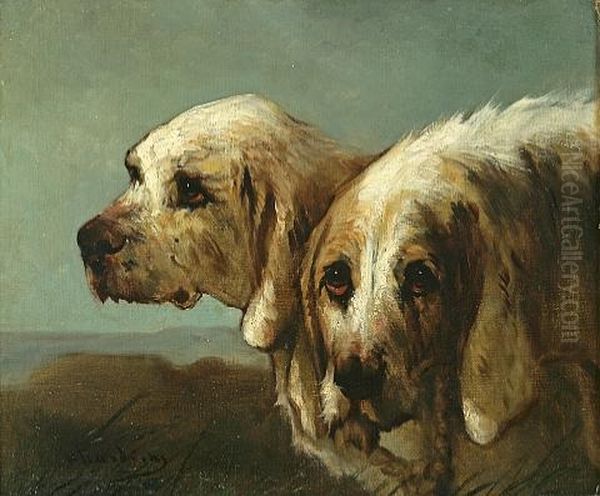 French Hunting Hounds (pair) Oil Painting by Jules Chardigny