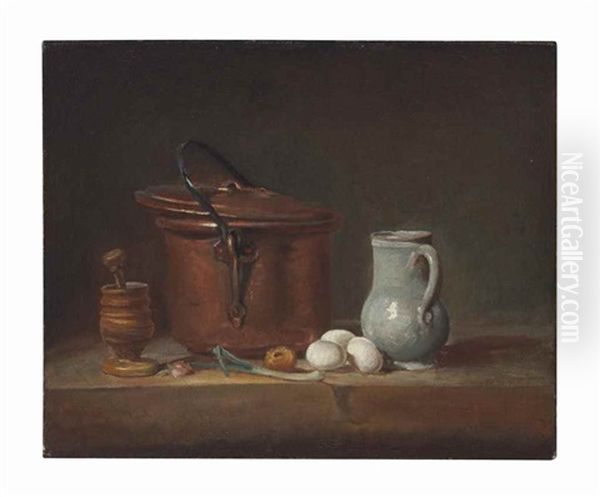 A Copper Saucepan, A Pestle And Mortar, A Pitcher, A Scallion, Eggs And An Onion On A Shelf Oil Painting by Jean-Baptiste-Simeon Chardin