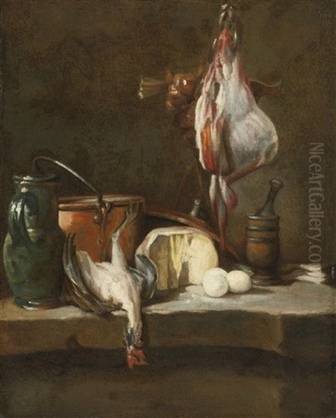 Still Life With A Ray-fish, A Basket Of Onions, Eggs, Cheese, A Green Jug And A Copper Pot, With A Mortar And Pestle On A Stone Ledge Oil Painting by Jean-Baptiste-Simeon Chardin