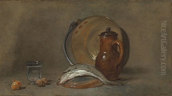 Still Life With A Copper Pot, A Pitcher, Fish, A Glass, Two Nuts And An Onion Oil Painting by Jean-Baptiste-Simeon Chardin