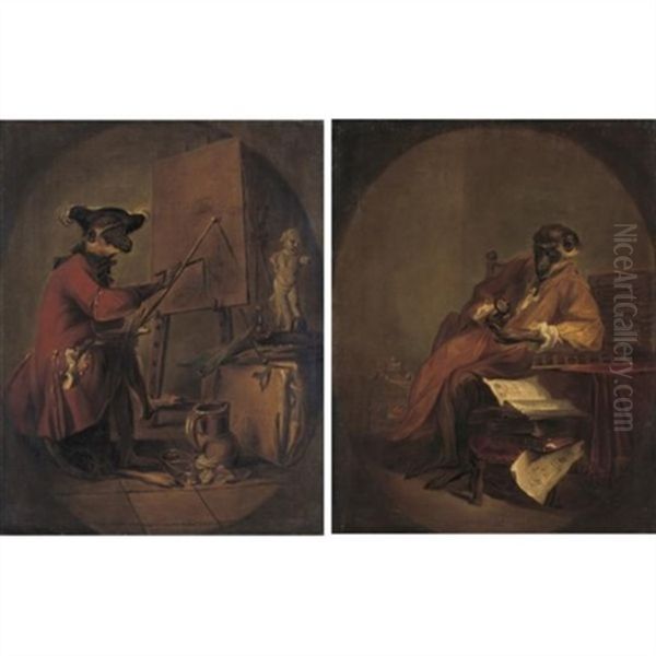 Le Singe Peintre (+ Le Singe Antiquaire; Pair) Oil Painting by Jean-Baptiste-Simeon Chardin