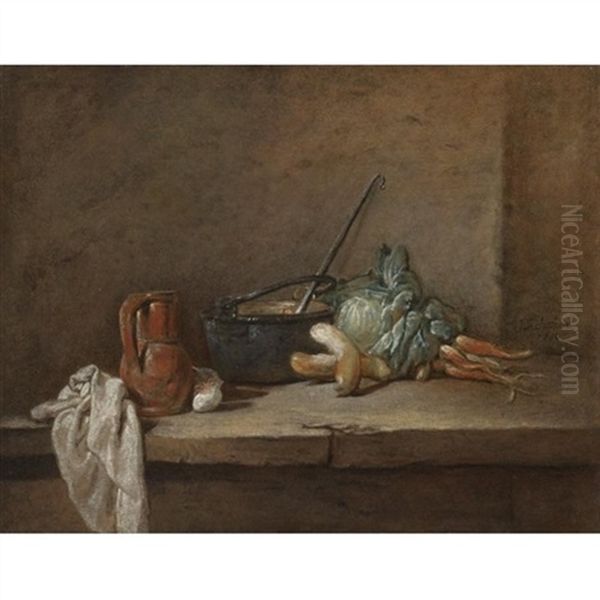 A Still Life With A Napkin, A Pitcher, A Metallic Urn, Turnips And Other Vegetables, Arranged On A Stone Ledge Oil Painting by Jean-Baptiste-Simeon Chardin