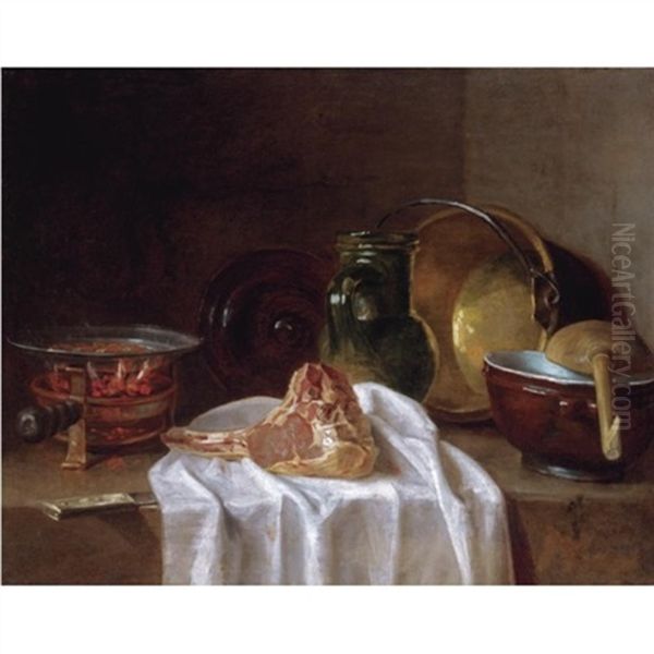 Still Life With A Brazier, Earthenware Jugs, A Copper Bowl And A Lamb Chop On A Stone Ledge Oil Painting by Jean-Baptiste-Simeon Chardin