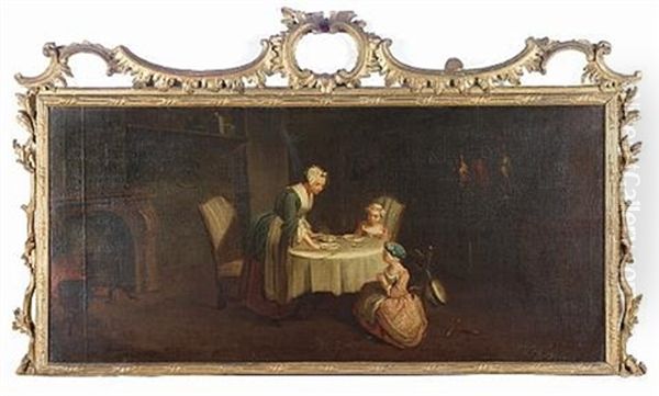 A Woman And Her Young Family In An Interior Oil Painting by Jean-Baptiste-Simeon Chardin