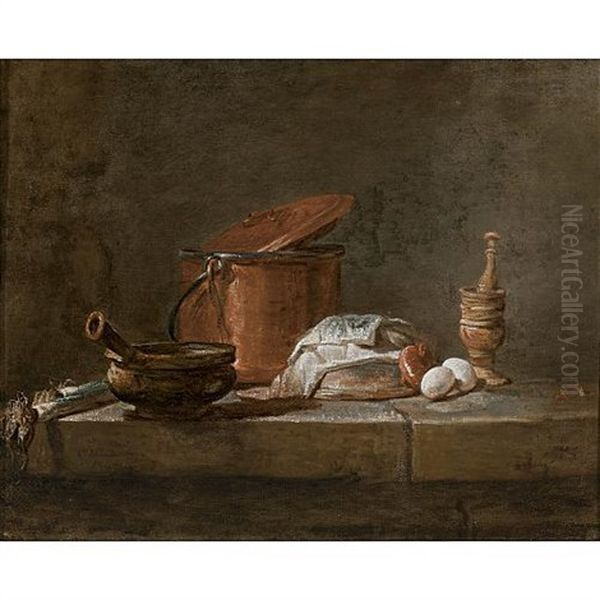 Still Life With Leeks, A Casserole And A Cloth Oil Painting by Jean-Baptiste-Simeon Chardin