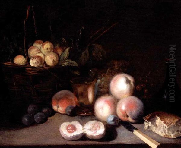 Still Life With Apricots In A Basket, Peaches, Plums, A Bun, A Bottle And A Bronze Cup, Together With A Bunch Of Grapes And A Knife On A Stone Ledge Oil Painting by Jean-Baptiste-Simeon Chardin