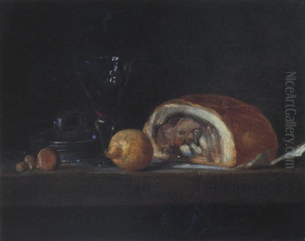 Stilleben Mit Schinken, Zitrone Und Rotweinglas Oil Painting by Jean-Baptiste-Simeon Chardin